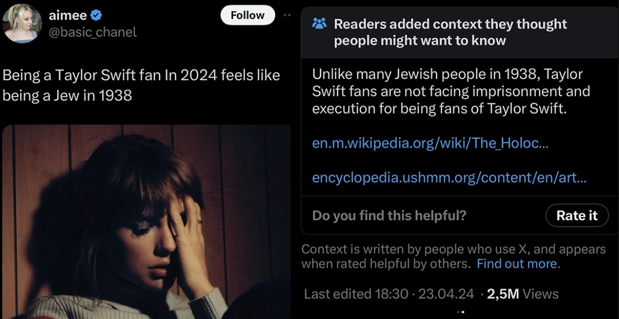 screenshot - aimee Being a Taylor Swift fan In 2024 feels being a Jew in 1938 Readers added context they thought people might want to know Un many Jewish people in 1938, Taylor Swift fans are not facing imprisonment and execution for being fans of Taylor 